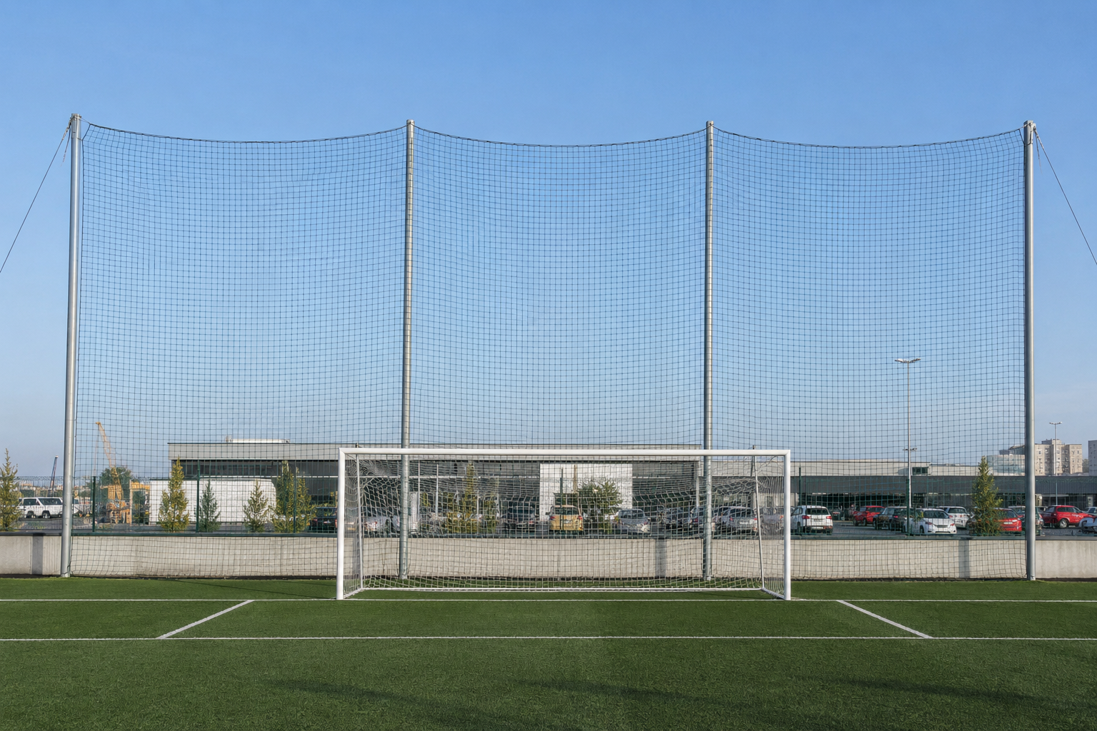 Yüksek kale arkası filesi bulunan futbol sahası