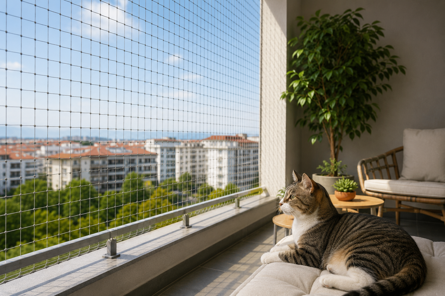 Güvenlik filesi bulunan balkonda huzurlu bir kedi