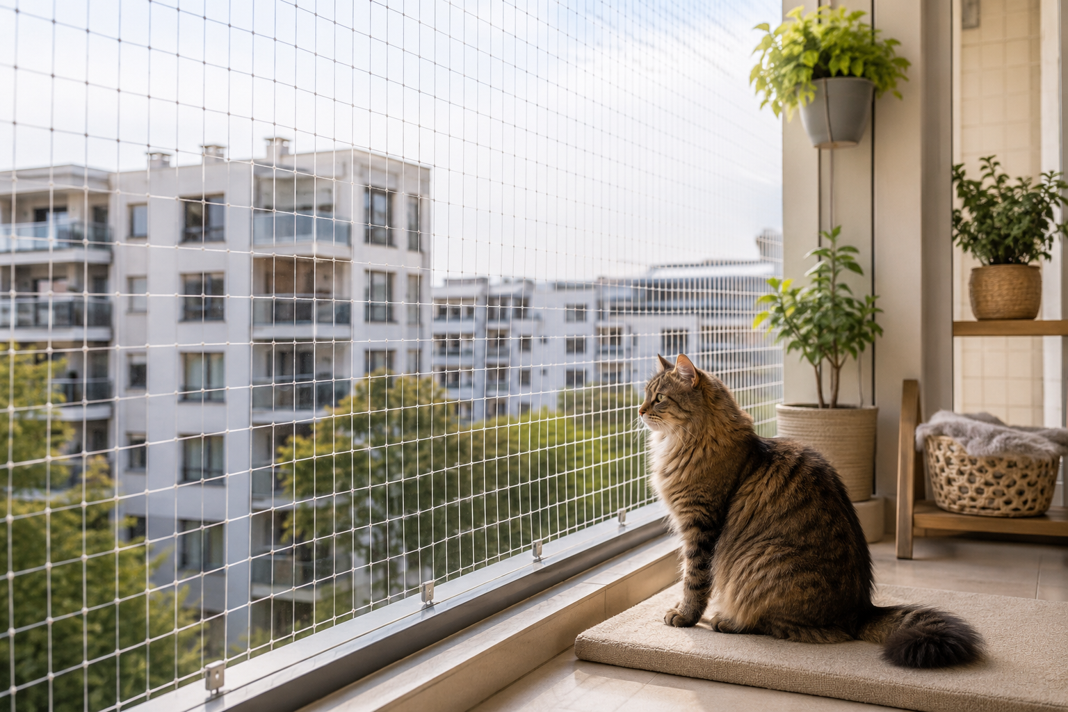 Kedinin bulunduğu balkonda profesyonel kedi güvenlik filesi